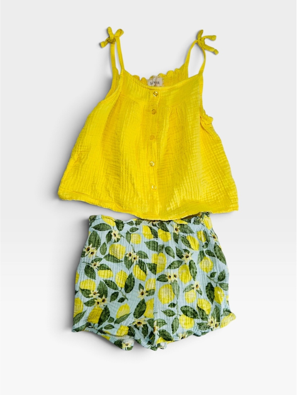 Btween Girls Size 5 Yellow Lemon Crinkle Gauze Tank Top & Shorts Outfit Set